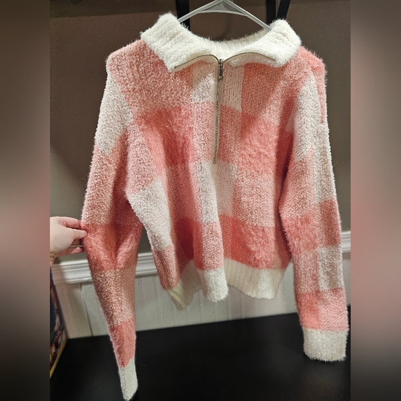 NWT Pink Plaid Quarter Zip Sweater - Picture 2 of 7